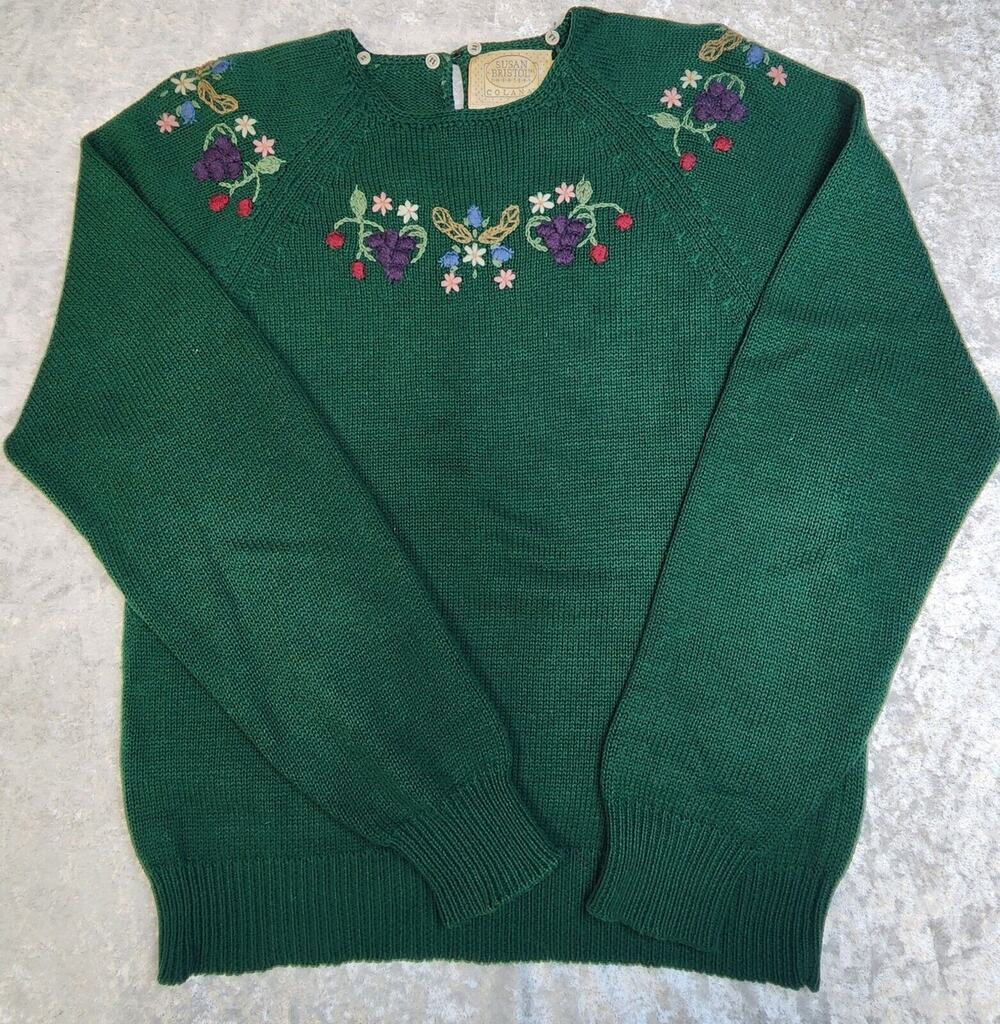 Vintage Susan Bristol Sweater Womens Hand Embroidered Green Sweater-Size M/36